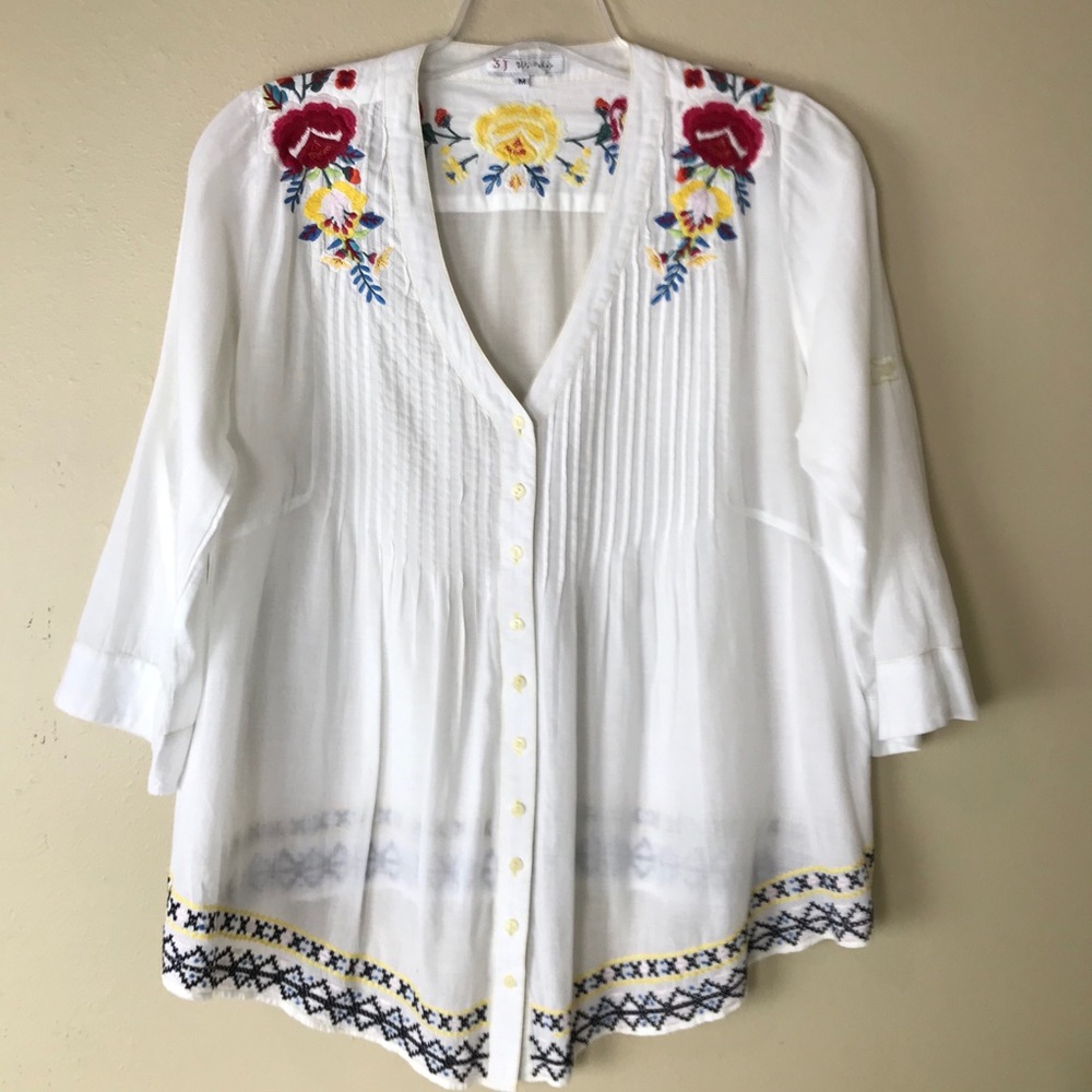 3J Workshop Johnny Was embroidered pintuck top M - Picture 1 of 12